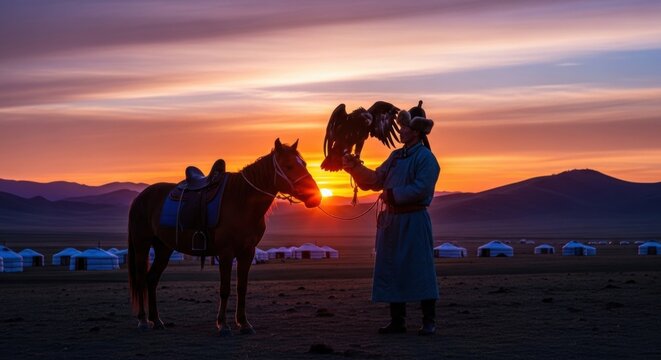 Mongolian eagle hunter with horse standing on the steppe at sunset