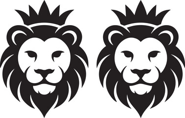 Fototapeta premium Black and white lion head silhouettes with crowns isolated on white background