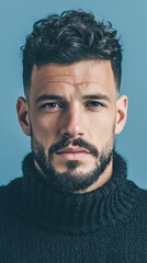 Obraz premium Portrait of a confident young man with dark curly hair and a well groomed beard, wearing a black turtleneck sweater. Studio shot with a soft blue background and natural lighting
