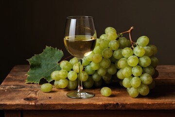 Obraz premium Glass of white wine sits next to ripe green grape bunch on aged wood table. Natural light reflects on goblet. Harvest scene shows vineyard bounty.
