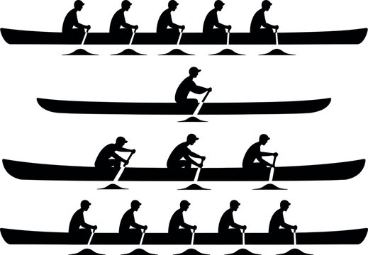 Silhouette of a man rowing a canoe in various positions  kayaking and paddling on water