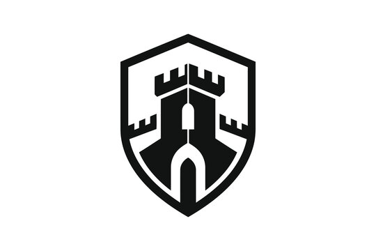 Black and white medieval castle on shield emblem design