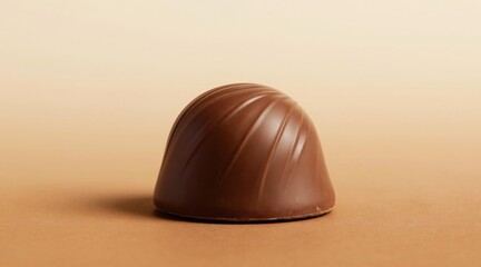 Fototapeta premium Single milk chocolate praline with striped texture sits on brown surface. Light cream background offers copy space. Gourmet confection food treat.
