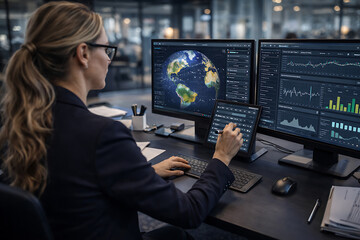 Fototapeta premium Woman analyzing complex data visualizations on multiple digital screens at work