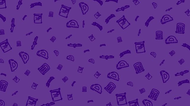 Purple background with school supplies scattered across the frame. Simple line drawings of rulers, books, and calculators. 