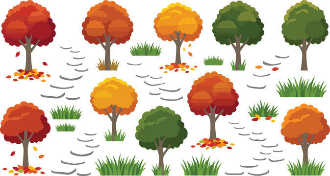 Collection of cartoon trees in autumn colors with green grass and falling leaves on white background  seasonal illustration