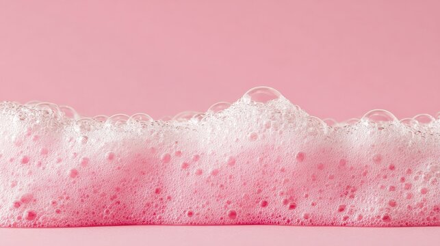 Soap foam bubbles on pink surface, cleaning concept. 