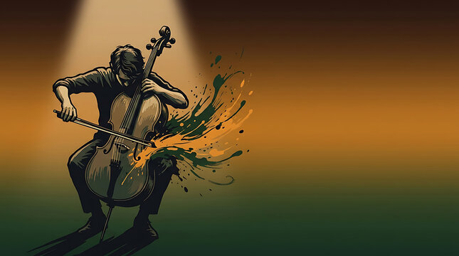 Musician playing cello with colorful paint splashes