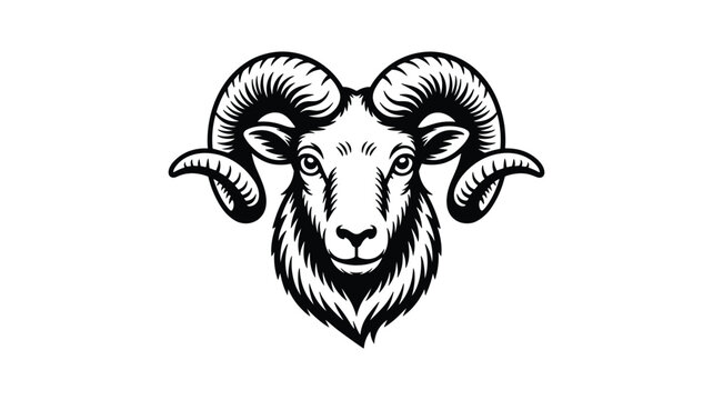 Black and white of a ram head with large curved horns and detailed fur sheep animal wildlife