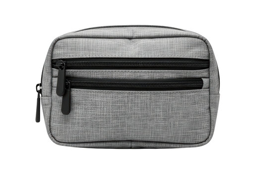 Grey fabric pencil case or cosmetic pouch with two zippered compartments isolated on transparent background