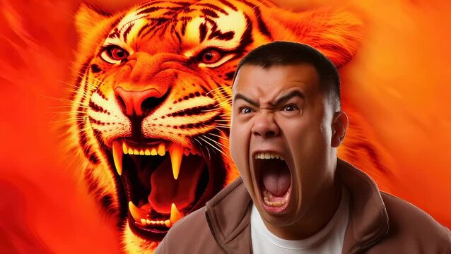 Man screaming with aggressive tiger background. Sport motivation concept with athletic guy showing fighting spirit. Intense emotion for competitive victory struggle.