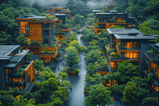 Many houses line a street in the woods.