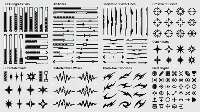 Futuristic HUD progress bars UI sliders geometric divider lines crosshair cursors cyber stars distorted sine waves thorn swooshes vector illustration