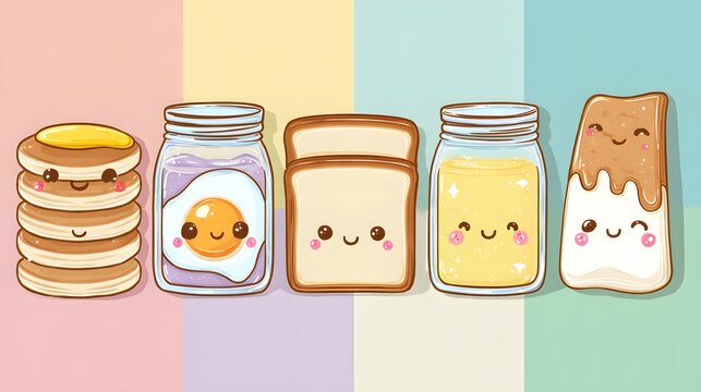 Mini breakfast world clipart, smiling pancakes, sleepy toast, happy jam jar, pastel colors.