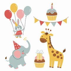 Fototapeta premium Colorful birthday party animals and cupcakes