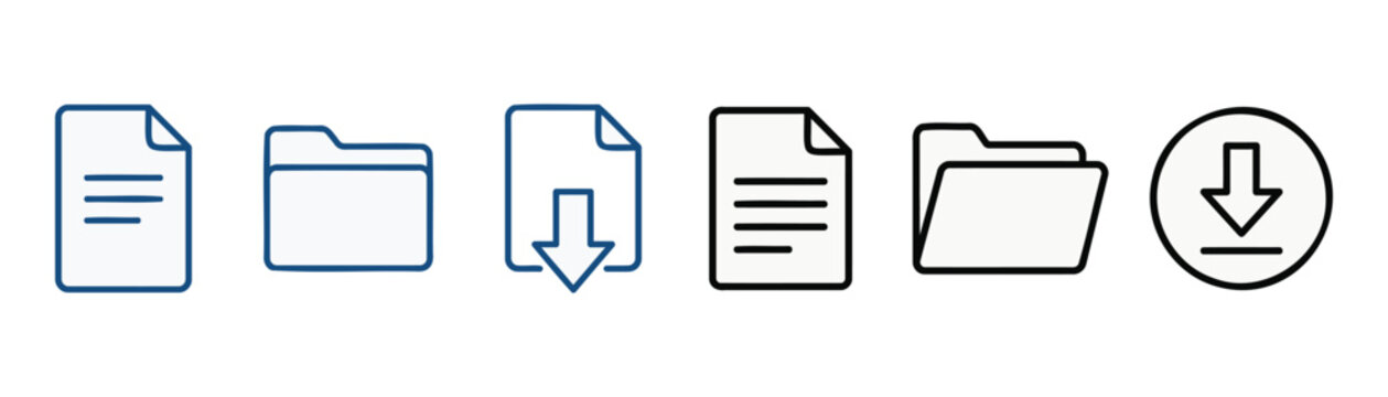 Document and folder with download icon set in blue and black outline for file management.