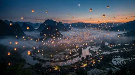 Naklejka premium Hundreds of luminous lanterns drift over a mystical mountain river valley at twilight