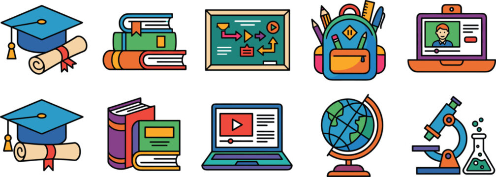 Education and Learning Icon Vector Set Featuring Graduation Cap, Diploma, Stack of Books, Lesson Plan, School Backpack, Online Class, Laptop, Globe, and Microscope Illustrations