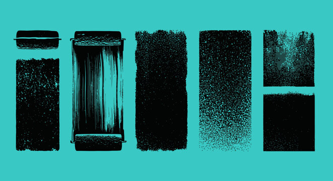 Dynamic collection of versatile black texture elements, featuring grunge brush strokes, distressed patterns, and paint roller effects for modern creative graphic design projects