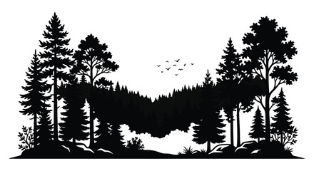 Forest silhouette with flying birds vector illustration for nature themed designs © Mim24