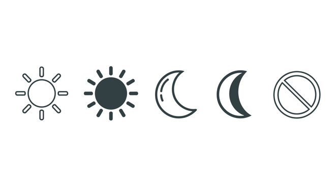 Iconographic representation of sun, crescent moon, and prohibition symbol against a white background, symbolizing day, night, and restriction
