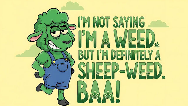 Green sheep cartoon with text isolated on a transparent background
