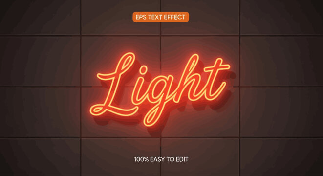 Glowing orange neon text effect with Light word, editable vector typography on dark tiled background, retro luminous script sign for nightlife