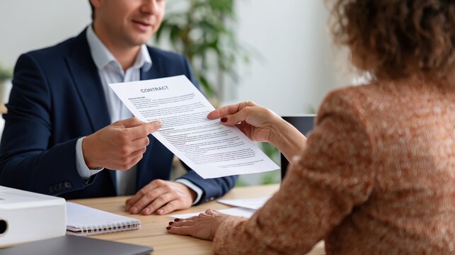 Banker and client discussing a contract document during a business meeting