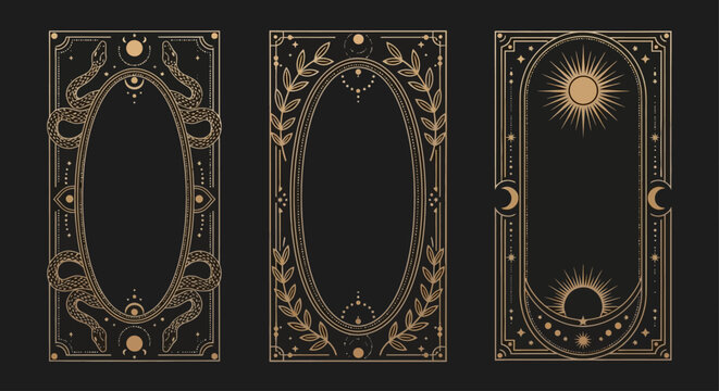 Mystical tarot card frames with celestial sun and moon symbols, esoteric occult borders with snakes and laurel leaves, set of 3 gold vector templates