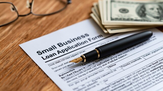 Small business loan application form with pen and cash on wooden desk