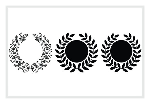 Three Laurel Wreaths: One Outline, Two Filled Circles