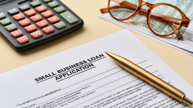 Small business loan application form with calculator and glasses on desk