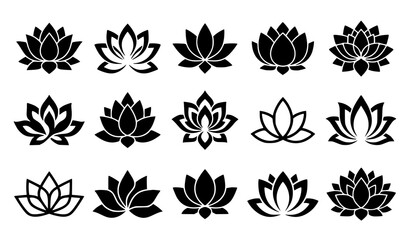 Obraz premium Lotus Flower Silhouette Vector Set 15 Minimal Botanical Icons Collection