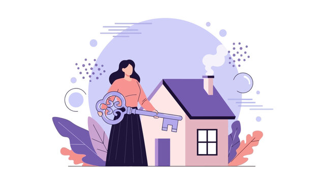 Woman with key near house illustration real estate concept buying property
