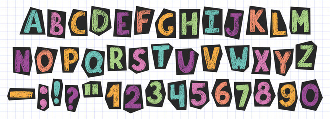 Crayon collage scrapbook childish alphabet and numbers with pencil crayon texture. Hand drawn scribble letters and numbers in kids grunge style with crayon texture © Yulia