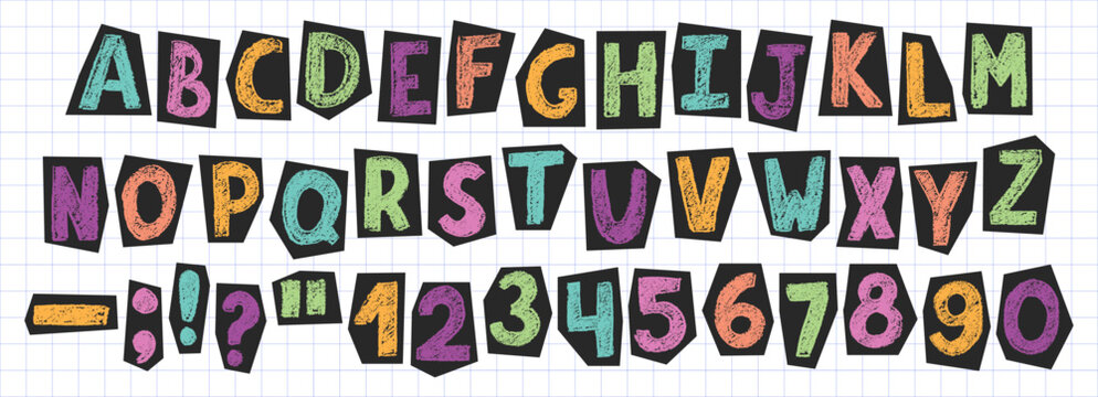 Crayon collage scrapbook childish alphabet and numbers with pencil crayon texture. Hand drawn scribble letters and numbers in kids grunge style with crayon texture