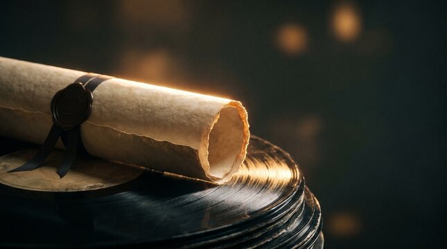 Rolled graduation diploma with a wax seal resting on a stack of vintage vinyl records, concept of music education and academic achievement in arts