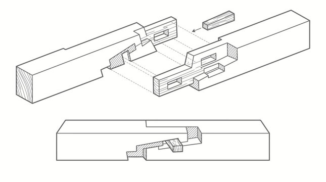 Exploded View of Complex Wooden Interlocking Joint for Timber Construction, Isolated White Background