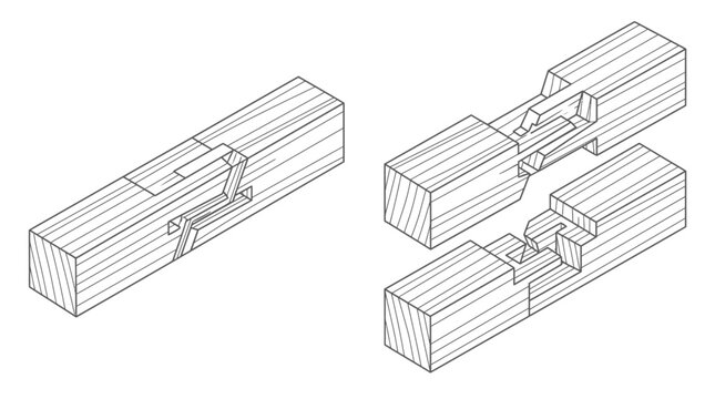 Isometric Illustration of Interlocking Wooden Mortise and Tenon Joints for Woodworking, isolated white background