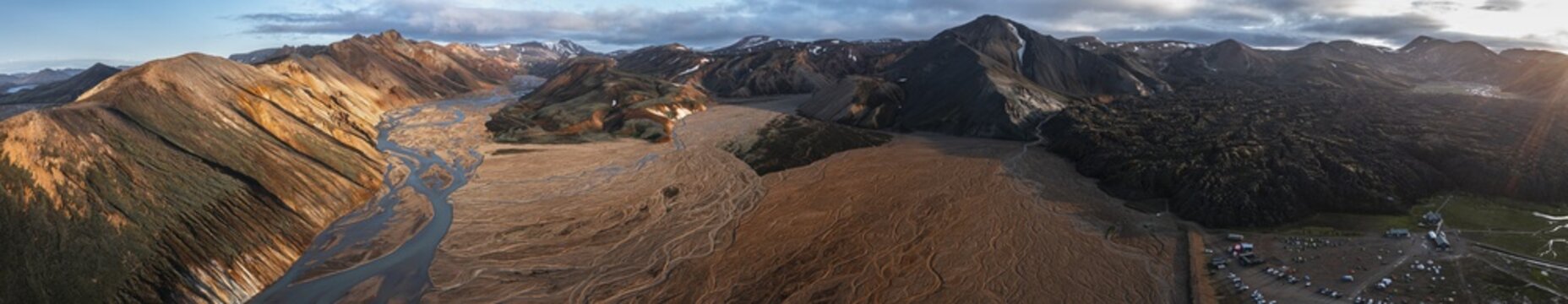 Aerial view, Landscape panorama, Dramatic volcanic landscape, Colourful erosion landscape with mountains, Lava field, Landmannalaugar, Fjallabak Nature Reserve, Su&eth;urland, Iceland