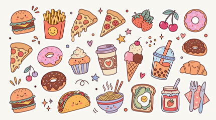 Kawaii fast food and dessert vector set, cute hand drawn doodle stickers of pizza burger and donuts, pastel cartoon food icons © DesignAura
