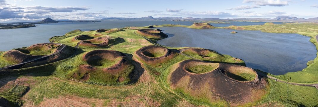 Aerial view of green volcanic crater, pseudo-crater at Lake M&yacute;vatn, Sk&uacute;tusta&eth;ir, Nor&eth;urland eystra, Iceland