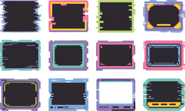 Digital glitch screen frame collection with colorful static noise for futuristic technology and cyberpunk style design