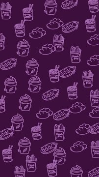 Purple background holds food icons in white line art. Cups, fries, and burgers repeat in playful, cartoon style. No people are shown, so no emotions to describe