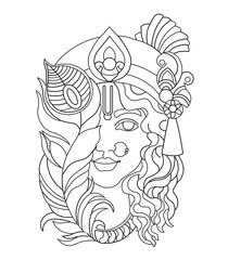 Black and white line art illustration of Mor pankhie Lord Krishna © Meera