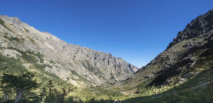 Restonica river flows at its source through mountain valley, Restonica high valley, Corte, Haute-Corse, Corsica, France
