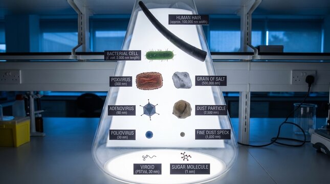 Scientific display illustrating the relative sizes of various microscopic and molecular structures in a lab.