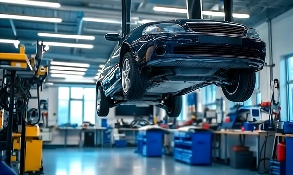 Car suspended from ceiling hoist in auto repair workshop with tools and equipment.
