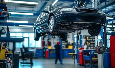 Fototapeta premium Car suspended from ceiling hoist in auto repair workshop with tools and equipment.