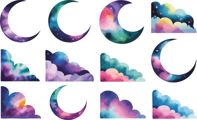 Set of galaxy watercolor crescent moons and fluffy cloud corners on transparent background for magical creative design © MDMUKTADIR